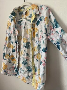 Floral Lemon Print 100% Linen Shirt - White/Yellow - Chico’s